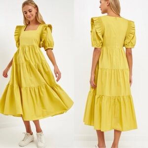 English Factory Chartreuse Square Neck Flutter Sleeve Tiered Midi Dress Sz S 🧡🍄
